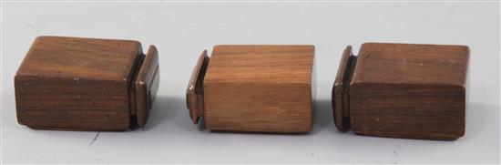 Three Chinese hardwood and porcelain mounted bird feeders, Qing dynasty, length 5cm and 5.25cm